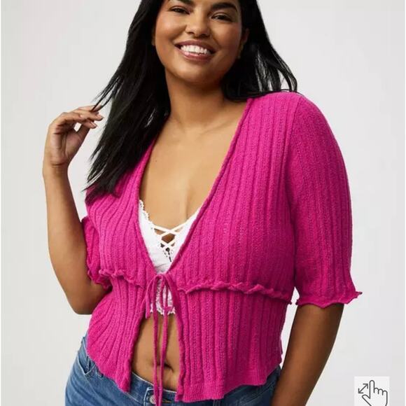 NWT - Torrid Pink Cropped Tie-Front Shrug, Size 0/Large/12 Elbow Sleeve - Picture 2 of 9